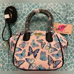 NWT Betsey Johnson painted butterfly satchel with removable crossbody strap.